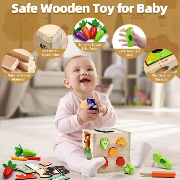 5-in-1-Montessori-Aktivitätswürfel aus Holz – Pädagogisches sensorisches Spielzeug für Babys und Kleinkinder | Geschenk für frühes Lernen und Entwicklung - Image 4