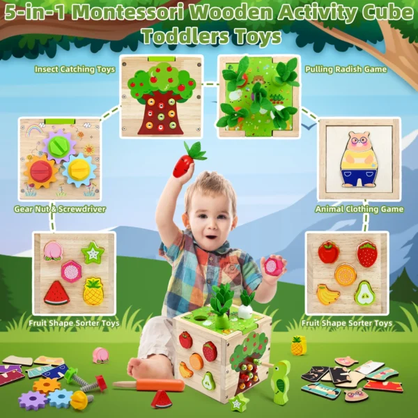 5-in-1-Montessori-Aktivitätswürfel aus Holz – Pädagogisches sensorisches Spielzeug für Babys und Kleinkinder | Geschenk für frühes Lernen und Entwicklung - Image 2